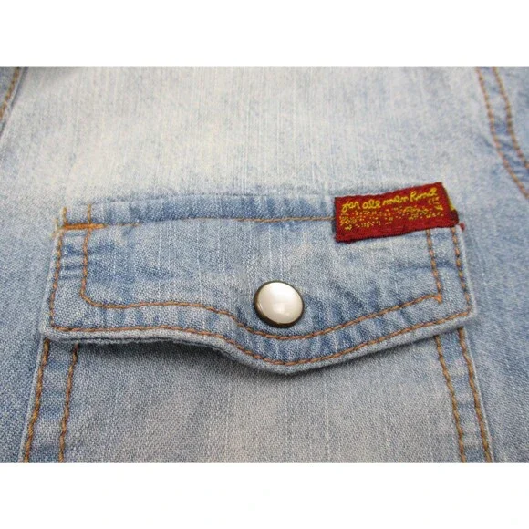 7 For All Mankind Shirt Women Medium Blue Denim Pearl Snap Button Up Top - Picture 4 of 11